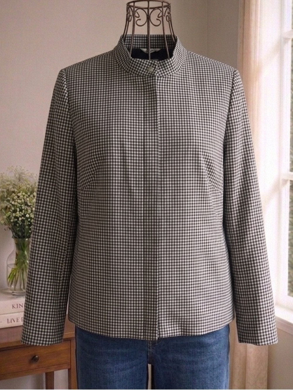 Talbots Classic Refined Bomber Jacket Black White Checked 12W Petite